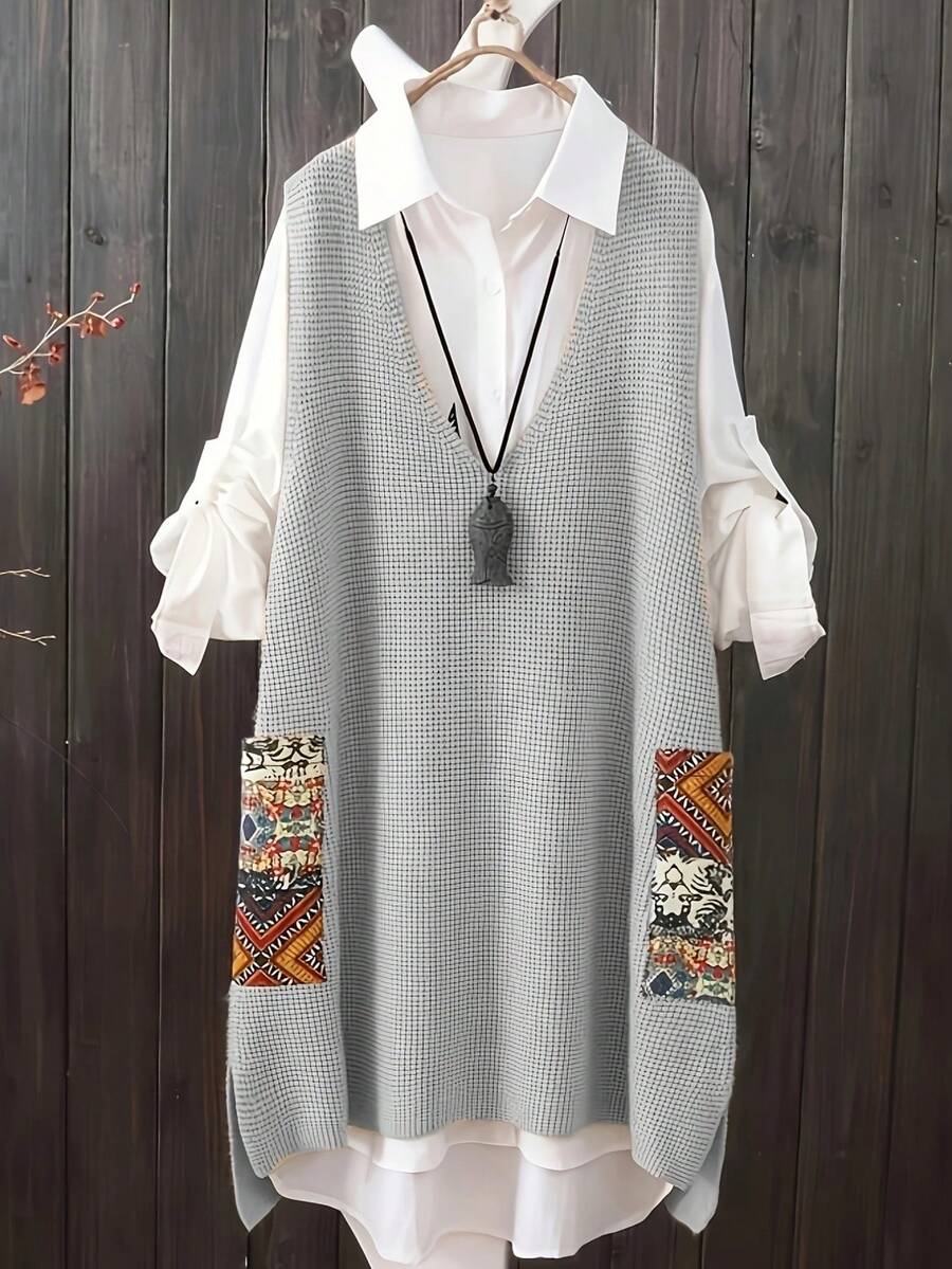 Plus Size Casual V Neck Random Print Pocket Knit Sweater Vest Dress Spring - Light Grey - View 1
