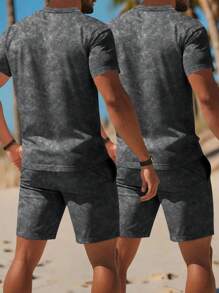 4 pièces/set T-shirt ample à manches courtes + short pour hommes, tenue de sport décontractée d'été, style rue, extérieur, randonnée, plage avec lettres, t-shirt à motif arbre de noix de coco et short à cordon de serrage à la taille
