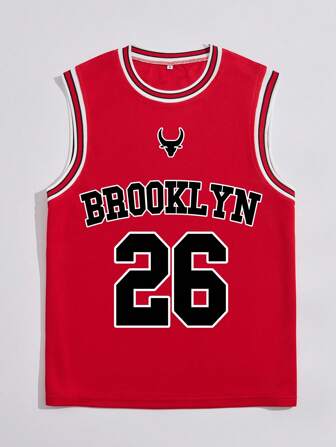 Men's Brooklyn Graphic & Number 26 Colorblock Round Neck Sleeveless Basketball Jersey, Casual & Sporty For Spring/Summer