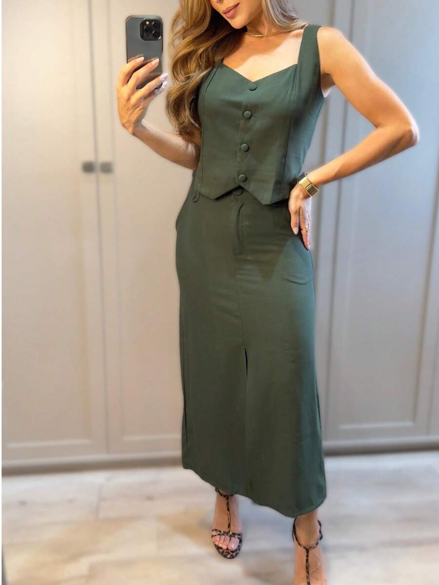 Elegant Women's Tailored Skirt And Vest Set - xanh quân đội - Xem 1