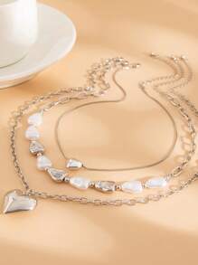 1 Set Baroque Style Heart Tassel Pendant Necklace, Asymmetrical Flat Faux Pearl Necklace Set For Women, Fashionable 3pcs Party Versatile - One Size - View 6