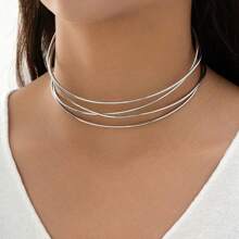 1pc Asymmetrical Geometric Necklace, Punk Metal Collar Necklace For Women, Gold Metallic Criss-Cross Statement Fashion Shiny Unique Personalized Choker Necklace, Couple Accessories - Silver - View 5