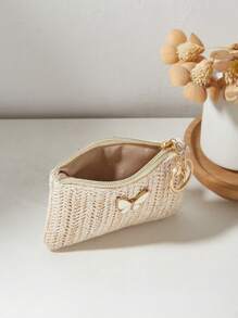 Bolso de paja trenzado con lazo decorativo, cartera para lápiz labial y monedas, bolso de playa de verano para mujeres, cartera mini, monedero, cartera de monedas, cartera