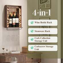Kayra Wall Mounted Wood Wine Bottle Box Rack With Cork Storage Glassware Holder Stemware Shelf Organizer - Home, Kitchen, Dining Room Bar Décor - Walnut