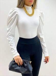 PRINCESS LONG SLEEVE WINTER Women's Blouse With Long Princess Sleeves, High Neck, Ribbed Knit