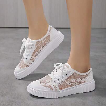 White Lace Elegant Casual Light Comfortable Flat Shoes, Commuter Walking Shoes For Women