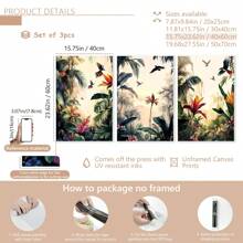 3 pièces/set Peinture de paysage de forêt tropicale imprimée sur canevas enveloppée sans cadre, set de décoration, style de peinture sur canevas moderne et déco art classique pour maison, bureau, salle de bain, salon, chambre, salle à manger - Paysage encré avec motifs de feuillage pour le printemps/été, utilisation intérieure et extérieure, thème art déco, affiches, décoration murale, accessoires de décoration moderne, botanique, animaux