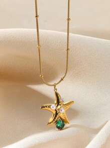 Elegant Stainless Steel Cubic Zirconia Starfish Pendant Necklace, 18K Gold-Plated Anti Fading Faux Pearl Necklaces For Women, Golden Waterproof Jewelry Beach Vacation Accessories, Gifts For Mom/Best Friend/Daughter