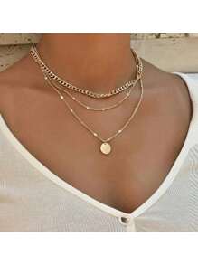 Colar Europeu Americano de Pingentes de Múltiplas Camadas Colar Feminino de Moda Feminina Colar de Cadeia de Clavícula de Disco de Contas de Ouro Único