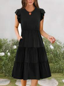 Vestido midi preto feminino, vestidos casuais de verão com gola redonda, vestido rodado em camadas com bolsos, vestido de verão feminino com mangas franzidas, vestidos de viagem soltos, tecido de malha casual com bainha franzida, vestidos casuais de verão, praia/noite casual elegante verão - Preto - Ver 1