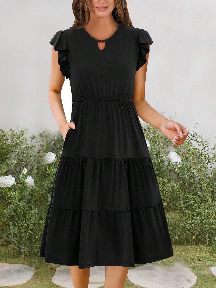 Vestido midi preto feminino, vestidos casuais de verão com gola redonda, vestido rodado em camadas com bolsos, vestido de verão feminino com mangas franzidas, vestidos de viagem soltos, tecido de malha casual com bainha franzida, vestidos casuais de verão, praia/noite casual elegante verão - Preto - Ver 1