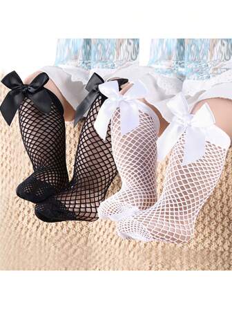 2 pares de calcetines de red de media caña dulces y lindos con moño para bebé