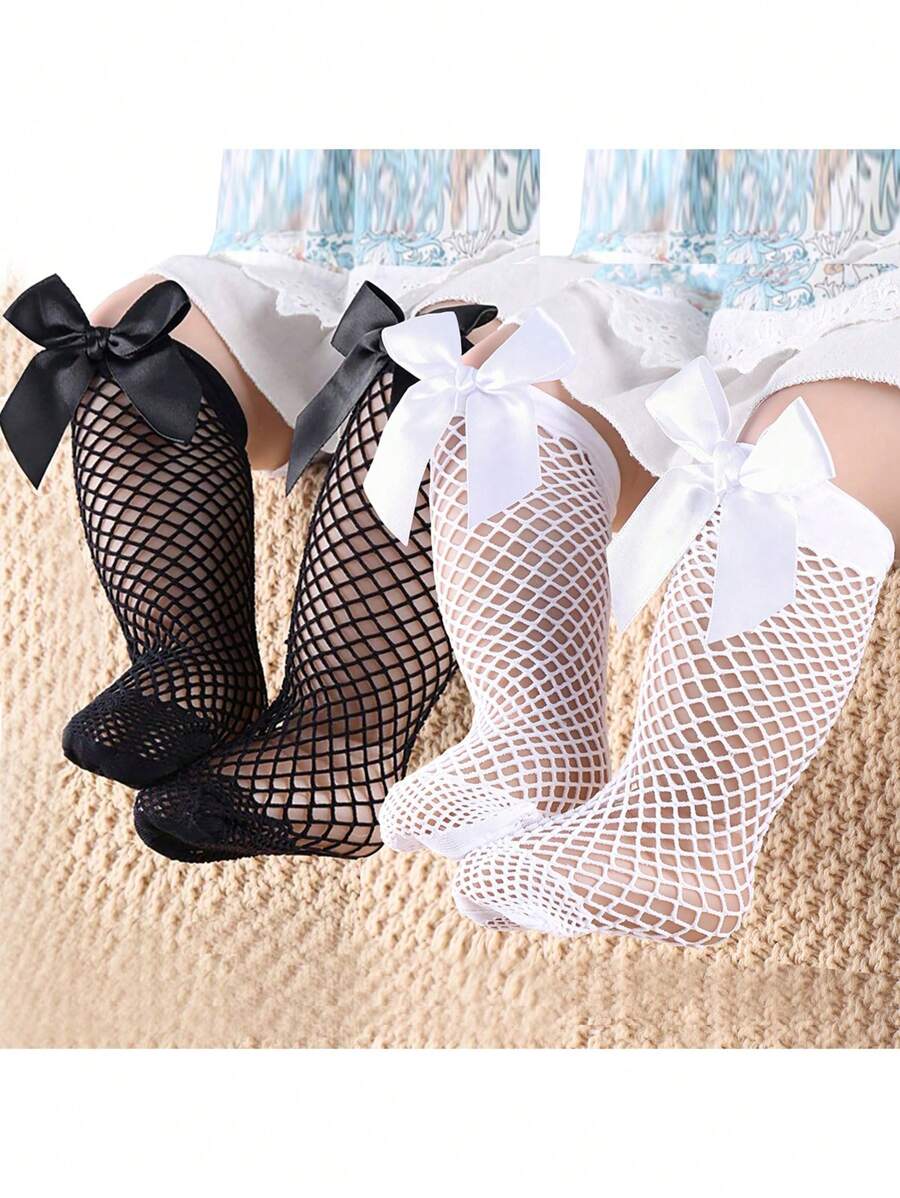 2 双婴儿甜美可爱网眼蝴蝶结中筒网袜 - 彩色 - 查看 1