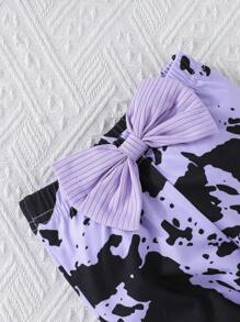 2pcs/Set Baby Girls Bubble Long Sleeve Letter Print Black Top T-Shirt And Black&White Cow Print Bell-Bottom Pants Set, Casual Outdoor - Purple - View 7