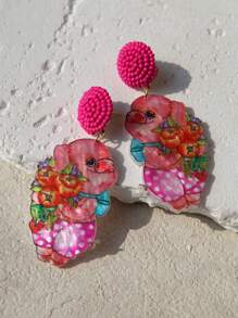 Pink Snail Handgemachte Lustige Samenperlen-Ohrstecker, süße Cartoon-Schwein-haltend-Blume Acryl Harz Tropfen Ohrringe, Modeschmuck Geschenk für Frauen, Mädchen, Paar, Osterfeiertag, Strandparty