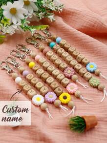 Custom Keychain, Personalized Daisy And Floral Pattern Key Chain, Customized Women's Keychain Name, Customizable 1~10 English Letters Woven Wooden Keychains, Birthday Gifts, Letter Keychain, Purse Charms For Handbags, Key Chain For Women/Men, Kids Keychains, Anniversary, Stylish, Bedroom - Multicolor - View 2