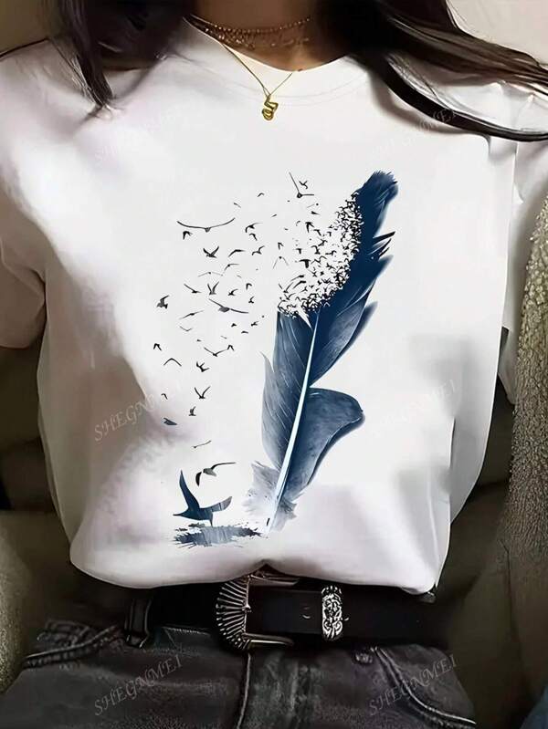 Feather Pattern Print Round Neck Short Sleeve Tee, Casual Round Neck Short Sleeve Top, Gift For Nature Lover Women