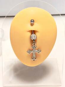 1 pieza Anillo de ombligo de acero inoxidable con cruz de pedrería a la moda, apropiado para el uso diario y como regalo para novio/novia
