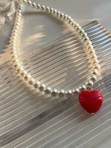 1pc Fashionable Minimalist Glass Bead Necklace With ABS Plastic Heart Charm, A Gift Or Everyday Wear