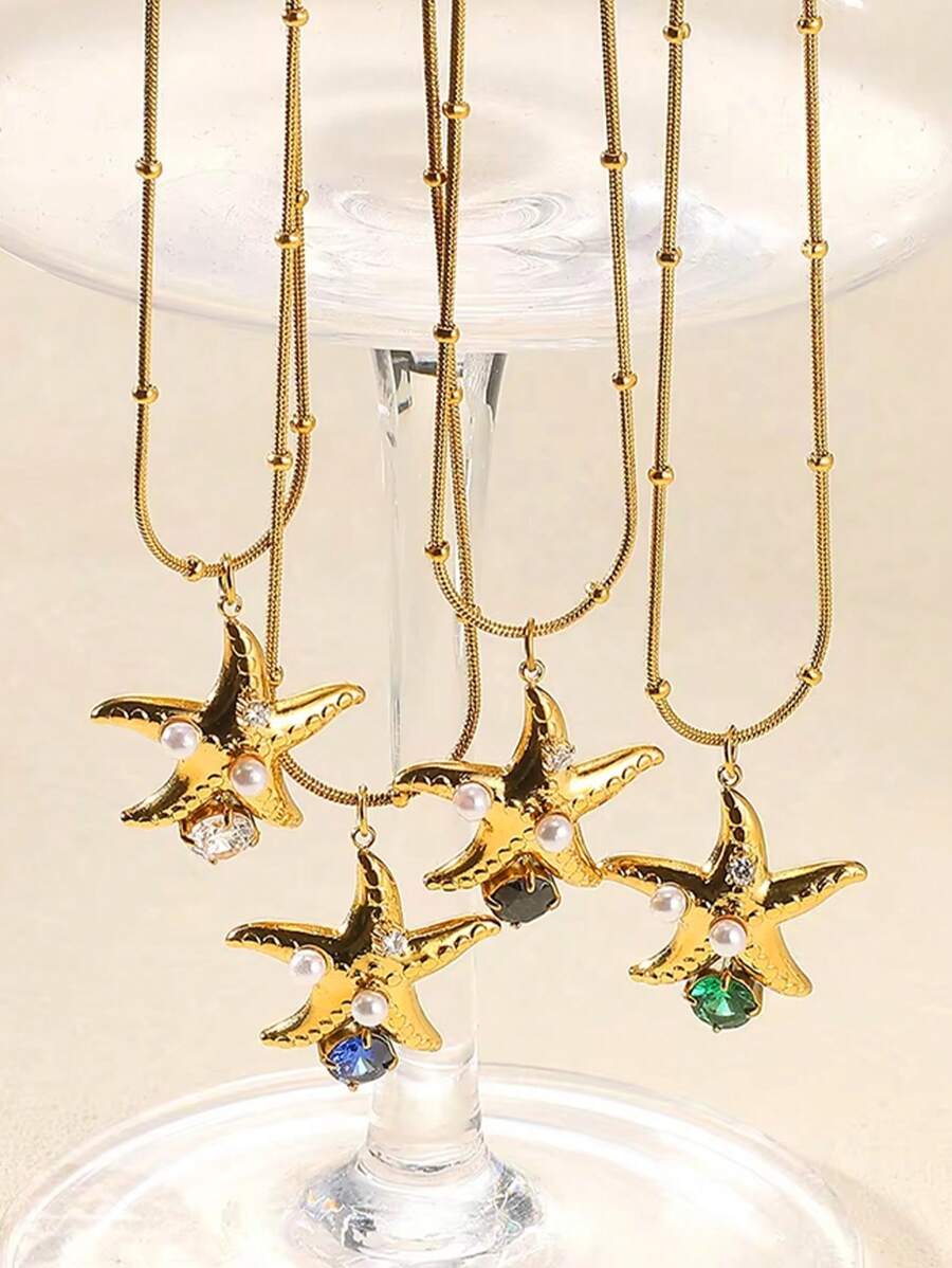 Elegant Stainless Steel Cubic Zirconia Starfish Pendant Necklace, 18K Gold-Plated Anti Fading Faux Pearl Necklaces For Women, Golden Waterproof Jewelry Beach Vacation Accessories, Gifts For Mom/Best Friend/Daughter