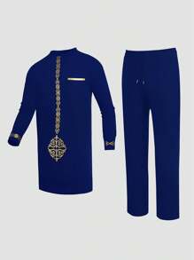 男士蓝色达希基套装，长袖圆领，金色印花，前开衩下摆，松紧腰裤，男士休闲衬衫裤两件套，四季皆宜，适合街头服饰、派对、约会、婚礼、文化活动、传统仪式等场合。