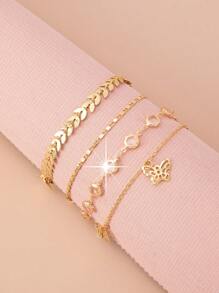 1 Set Of 4pcs Rhinestone Wheat Ear Chain, Hollow Butterfly Pendant Anklet Set, Elegant Beach Style Anklet - Wheat Ear Butterfly 4-piece Set - View 3