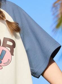 ASK JUNIOR Tween Girls Colorblock Sleeve & Collar, Graphic Print Short Sleeve T-Shirt, Summer Fashion - White - View 9