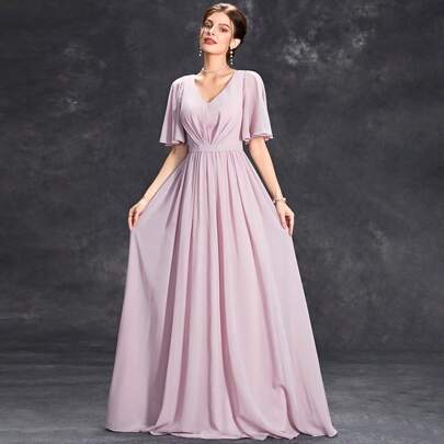 V-Neck Short Sleeve Pleated A-Line Chiffon Bridesmaid Maxi Dress