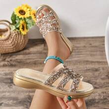 2025 New Women Slippers Fashion Slip-On Thick Platform Wedge Sandals, Glitter Strap Open Toe Beach Hollow Slippers Large Size 43 EU, Comfortable Mother Shoes