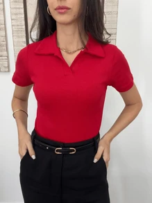 Women's Casual Elegant Polo Neck Shirt BlouseCasualElegantCuteCottonOffice - 紅色 - 查看 1