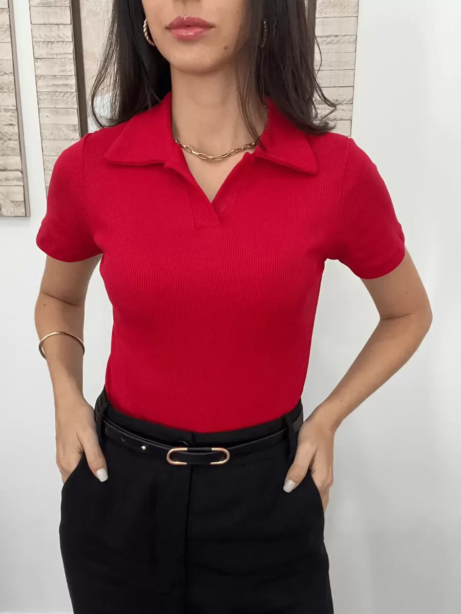 Women's Casual Elegant Polo Neck Shirt BlouseCasualElegantCuteCottonOffice - 紅色 - 查看 1