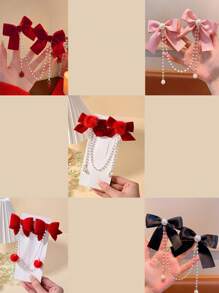 1pc Kids Burgundy Velvet Bow Hair Clip With Pearl Chain, Girls' Holiday And Festive Hair Accessory For New Year, Christmas
