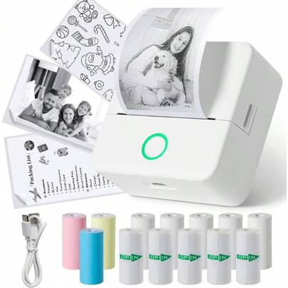 Thermal Mini Printer With Rolls Thermal Paper, Portable Inkless Sticker Label Maker, Blue-Tooth Wireless For All Phone, Free Cut Printer For Notes & DIY