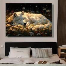 1Pc Wooden Frame The Wolf Sleeps Quietly Canvas Painting, Ready To Hang, Thickness 2.25cm/0.9 Inch High Quality Wall Painting Art Print Poster Wall Decoration, Suitable For Bedroom Bathroom Living Room, New Year Halloween Christmas Christmas Christmas Birthday And Holiday Gift