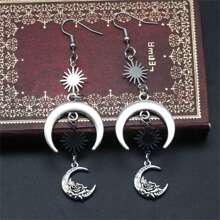银色月亮花朵吊坠耳环，星空波西米亚哥特风精致礼物，适合女士日常休闲佩戴 - 太陽星星月亮花朵耳環 - 查看 2