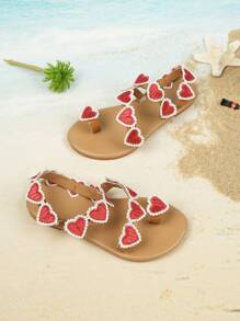 1 Pair Fashion Forward Round Toe Flat Heart Decor Girl Sandals, Lightweight & Comfortable For Vacation, Outdoor, Beach - Red - View 3
