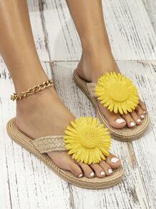女鞋时尚黄色花朵设计夏季鞋，编织外观平底凉鞋，休闲沙滩风格拖鞋，带草底 - 黃色 - 查看 4
