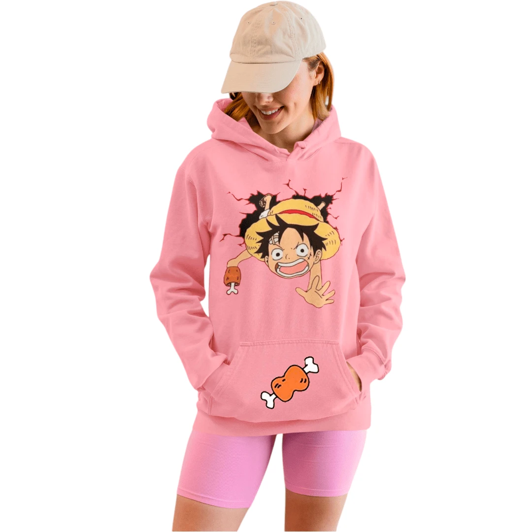 Sudadera Hoodie Mujer Anime Lufy Hambriento One Piece con Capucha - Rosa - Ver 1