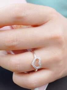 925 Sterling Silver Heart Design Cubic Zirconia Ring, Simple & Fashionable High-Quality Jewelry Gift For Women, Lovers - Silver - View 2