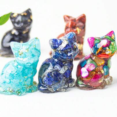 Natural Quartz Crystal Fortune Cat Handmade Resin Cat Figurine | Natural Quartz Stone Inlaid Home Decor | Feng Shui Lucky Cat Desktop Ornaments | Christmas & Birthday Gifts For Friends & Family
