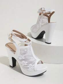 2025 New French Retro White High Heels For Women, Peep Toe Lace Patent Leather Waterproof Platform Sexy Strap Sandals