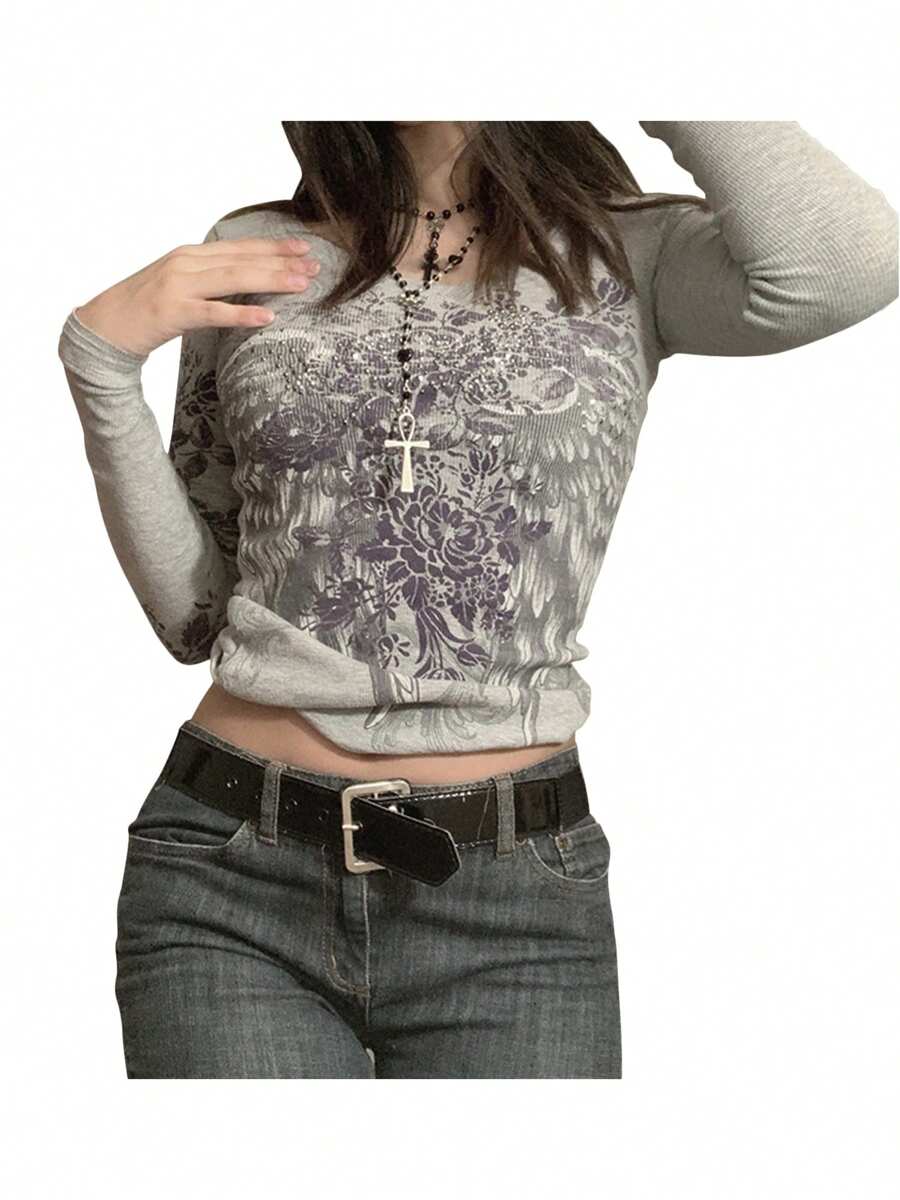 Women's Vintage Angel Wing Floral Print Long Sleeve T-Shirt Casual Graphic Tee Streetwear Top - Grey - View 1