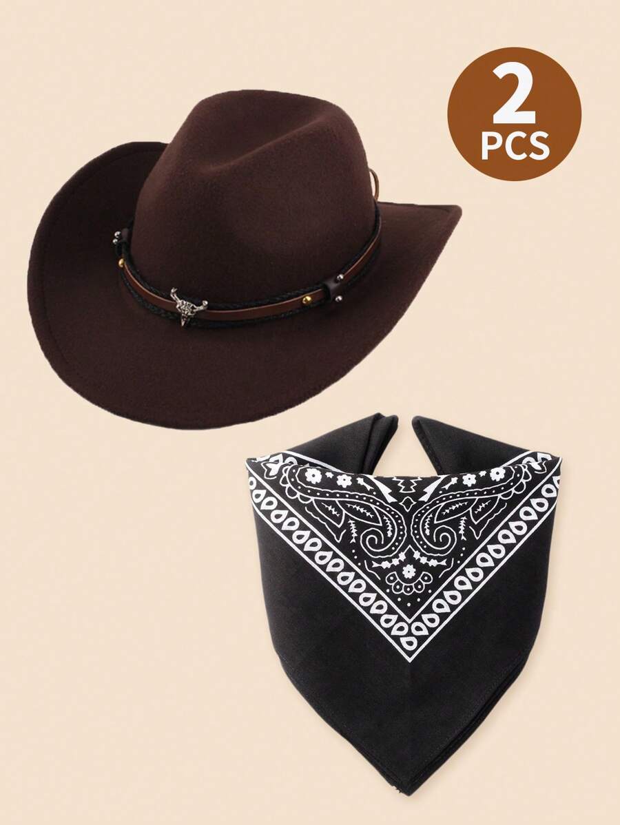 2PCS Western Cowboy Costume, Cowboy Hat Cosplay Accessory, Brown Western Cowboy Hat Dress Up For Kids, Funny Halloween Party Roleplay, Set Of 1 Cowboy Hat, 1 Black Bandanna