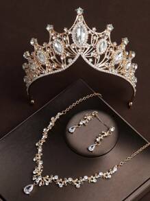 4 pièces Ensemble de bijoux de mariée avec couronne en strass, incluant une couronne, un collier et des boucles d'oreilles, convient pour le mariage, les accessoires de robe de mariée, la fête de mariage
