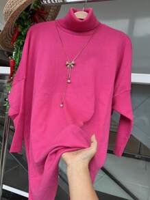 WOMEN'S HIGH NECK MODAL KNITTING PONCHO - 玫紅色 - 查看 1