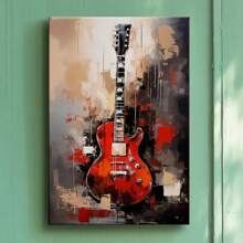 1pc Music Wall Art Framed Wall Art, Wrapped Canvas Poster Vintage Prints, Abstract Painting Red Guitar, Perfect Gift Decor, Wall Art For Living Room Bedroom Office, Hanging Hardware Included - Framed, Vertical