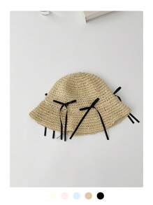 1 件可爱蝴蝶结丝带镂空透气瘦身渔夫帽，女士夏季防晒帽，手工编织蝴蝶结草帽