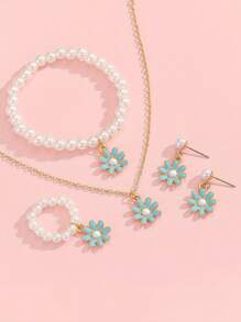 1 Set Cute & Sweet Versatile Oil Drop Flower Charm Pearl Bracelet, Rings, Earrings, Necklace, Accessories