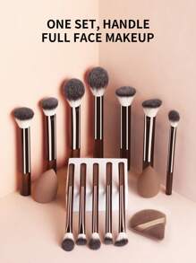15件套多功能化妆套装，包含12支长柄软毛化妆刷、2个化妆海绵、1个粉扑，快速上妆工具，适合所有肤质。化妆刷套装，化妆刷套装，化妆刷套装，完整化妆套装，化妆刷套装，完整化妆套装，化妆刷套装，化妆刷套装，化妆礼盒，赠品，专业化妆刷，完整化妆套装 - 咖啡棕 - 查看 9