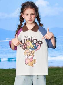 ASK JUNIOR Tween Girls Colorblock Sleeve & Collar, Graphic Print Short Sleeve T-Shirt, Summer Fashion - White - View 6